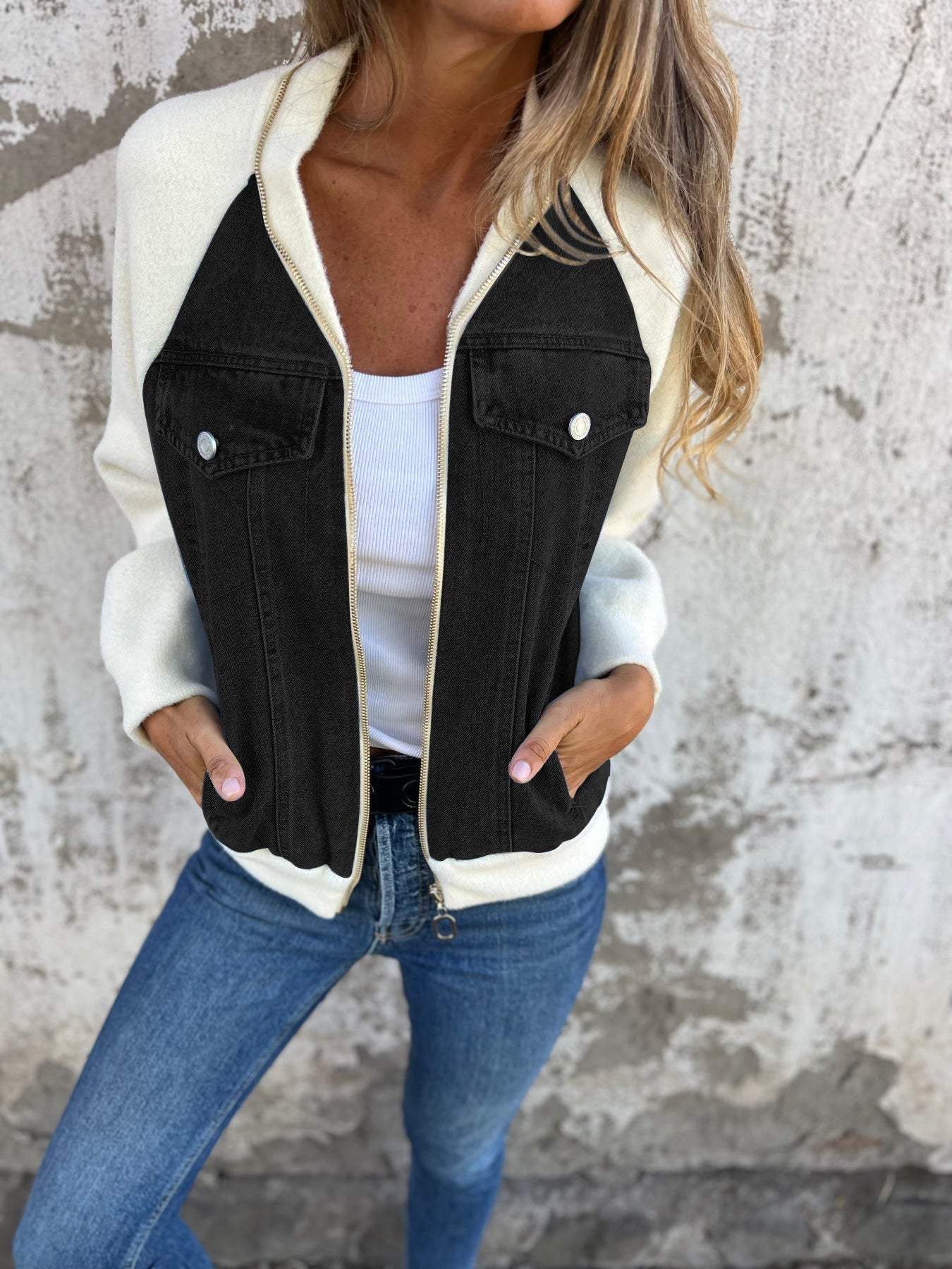 Women’s Denim Jacket – Soft Contrast Sleeves – Zipper Front – Casual Classic Fit