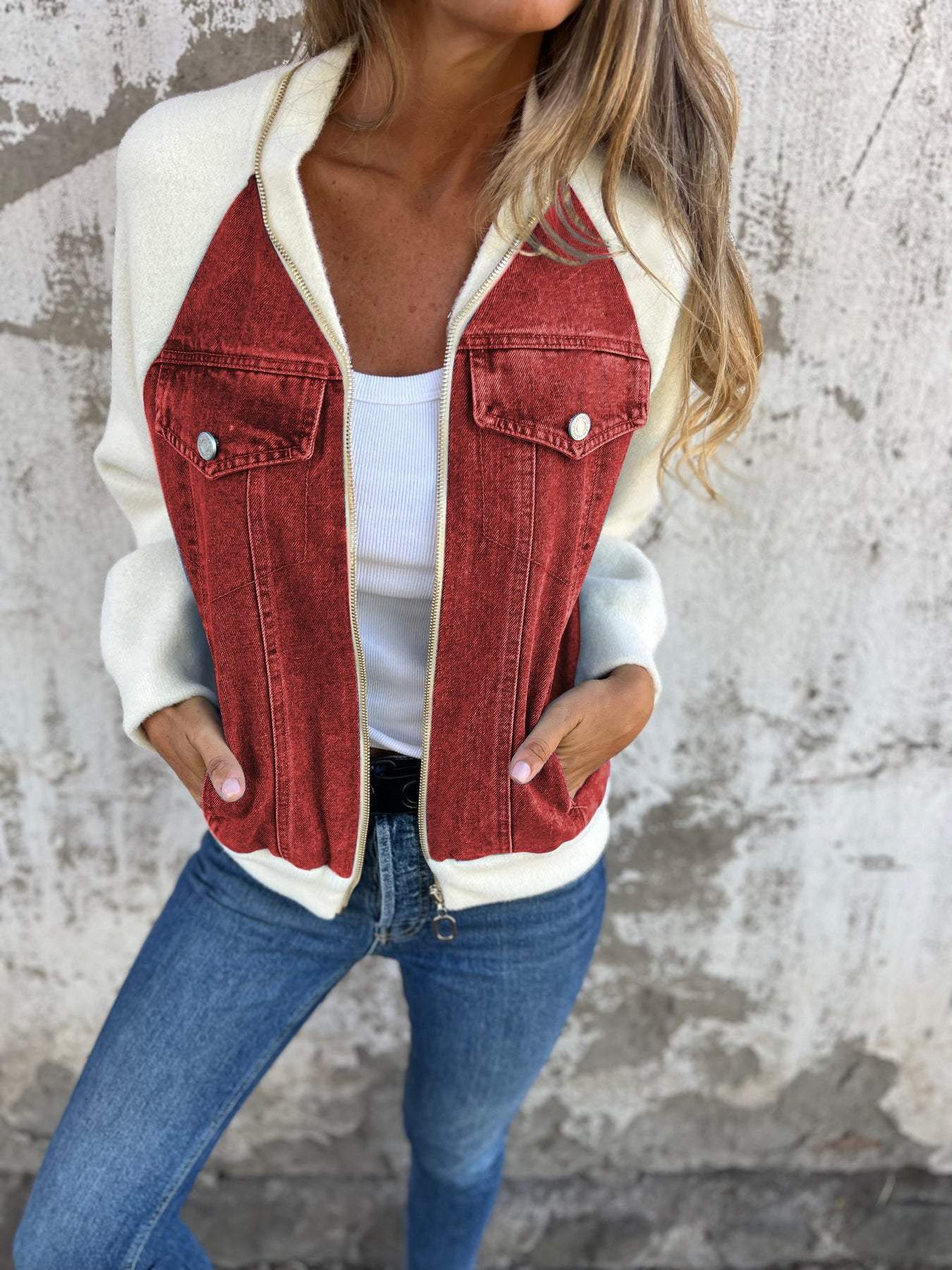 Women’s Denim Jacket – Soft Contrast Sleeves – Zipper Front – Casual Classic Fit