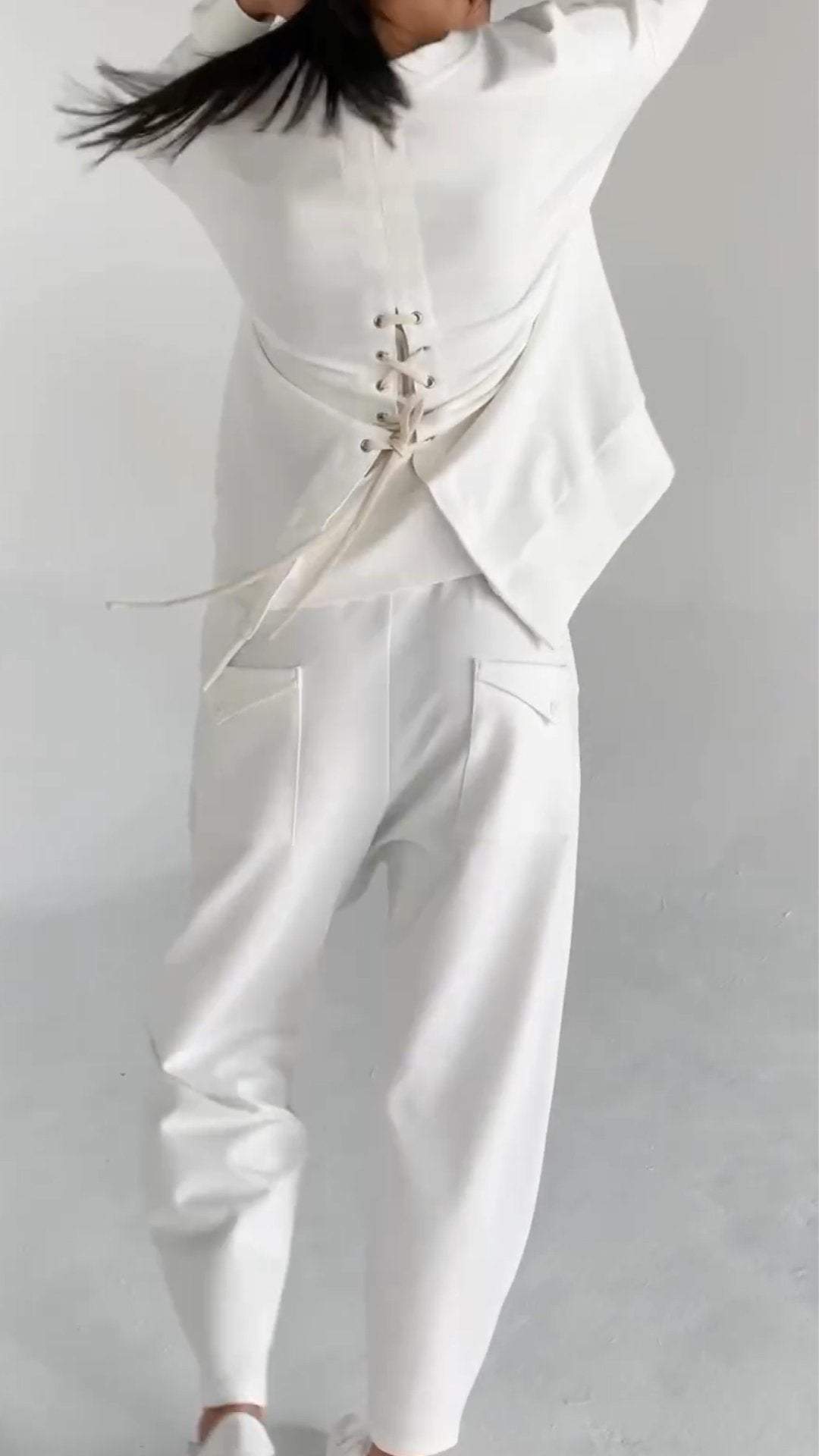 Women's lace-up long-sleeve top with multi-pocket pants set