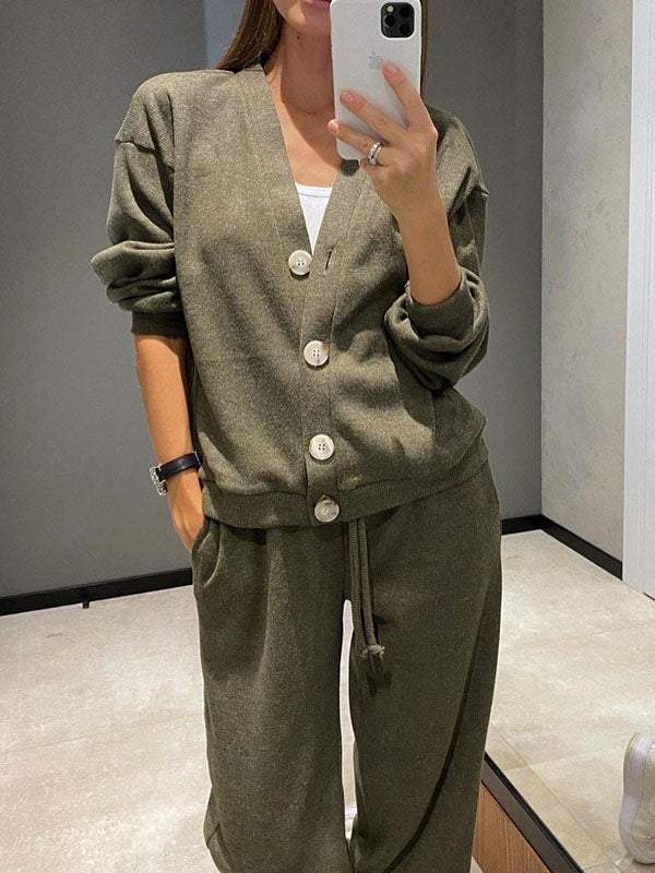 Women's casual button-down cardigan with elastic waist drawstring sweatpants set