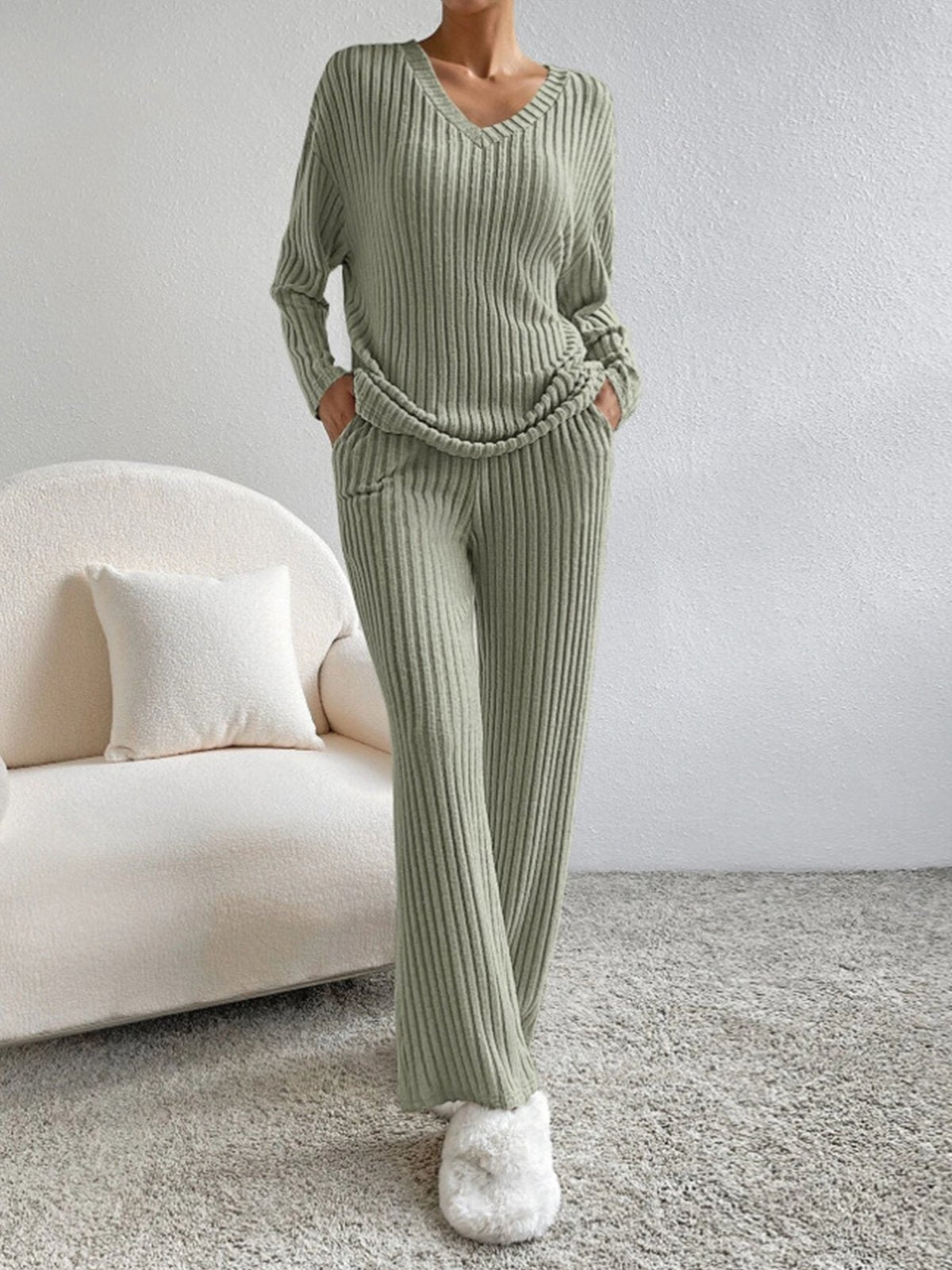 Women's comfortable rib v neck 2 piece set