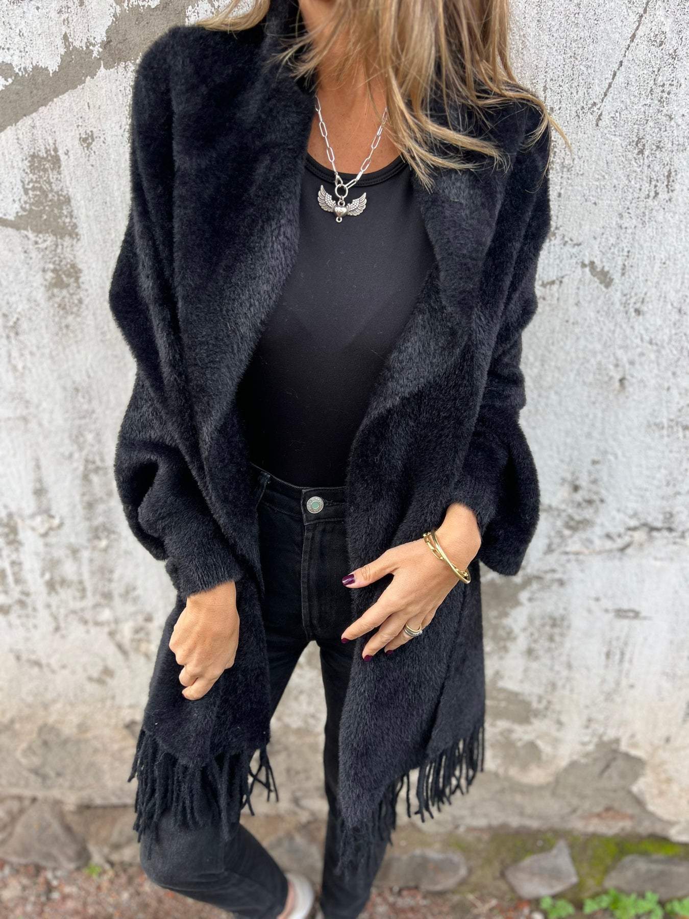 Women's cozy luxe knit fringe shawl cardigan