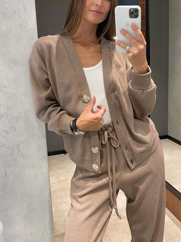 Women's casual button-down cardigan with elastic waist drawstring sweatpants set