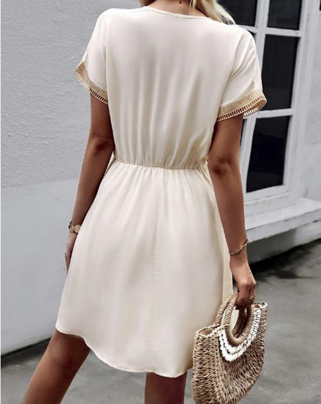 Women's Boho Dress - V-Neck Short Sleeve - Lace Trim - Adjustable Waist – Flowy Fit