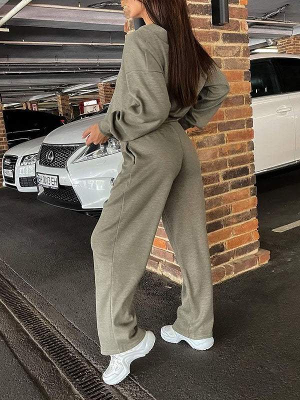 Women's casual button-down cardigan with elastic waist drawstring sweatpants set