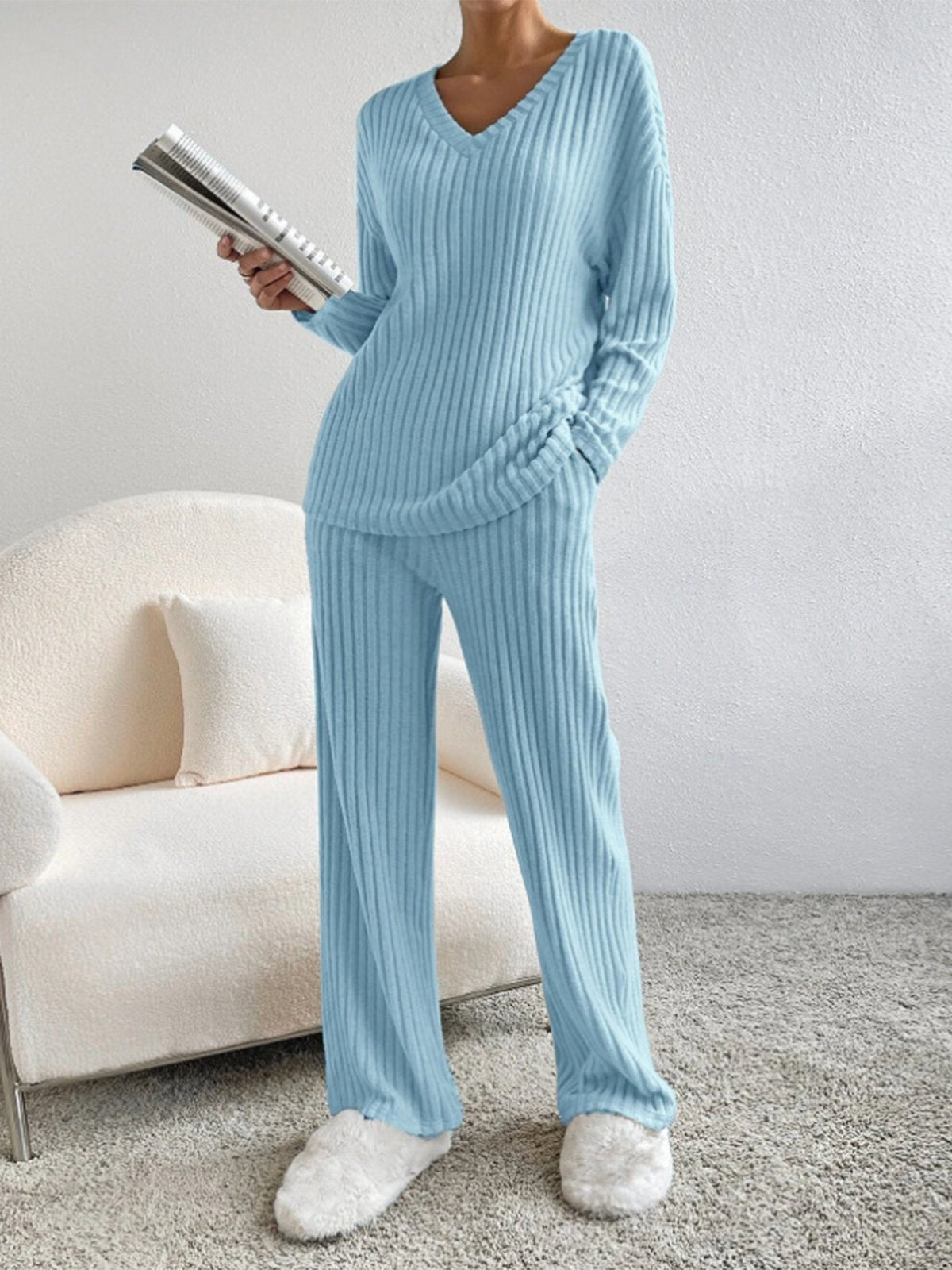 Women's comfortable rib v neck 2 piece set