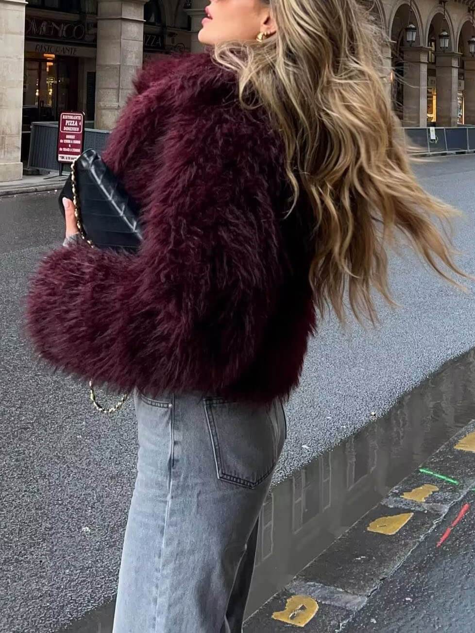 Elegant faux fur cropped coat with plush texture