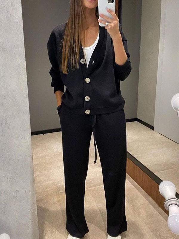 Women's casual button-down cardigan with elastic waist drawstring sweatpants set