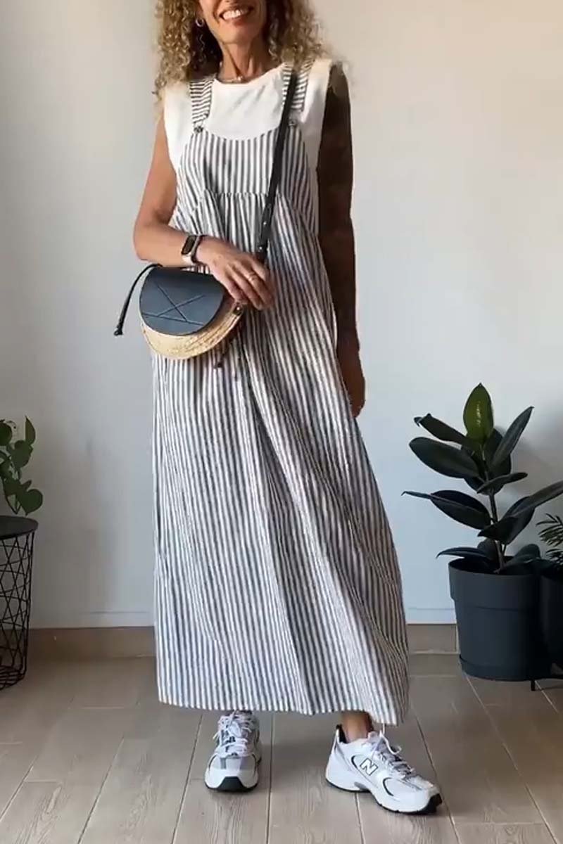 Women's Pinafore Dress - Maxi Length - Vertical Striped - Relaxed Fit Casual Wear