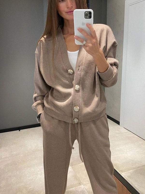 Women's casual button-down cardigan with elastic waist drawstring sweatpants set
