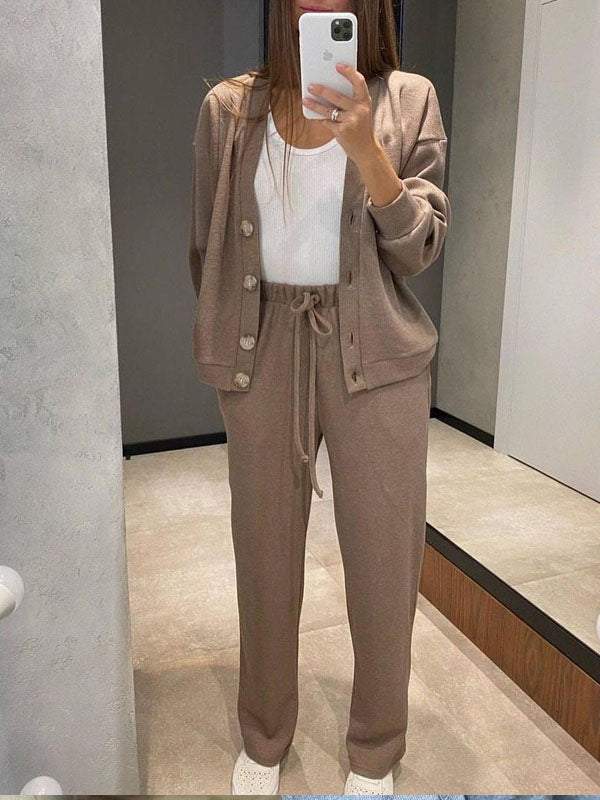 Women's casual button-down cardigan with elastic waist drawstring sweatpants set