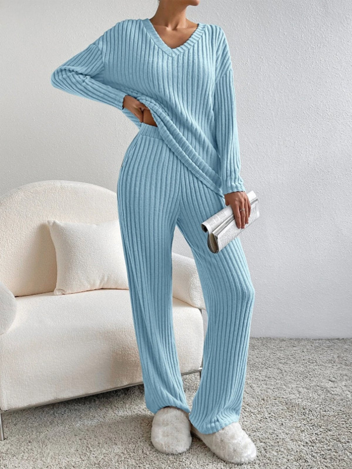 Women's comfortable rib v neck 2 piece set