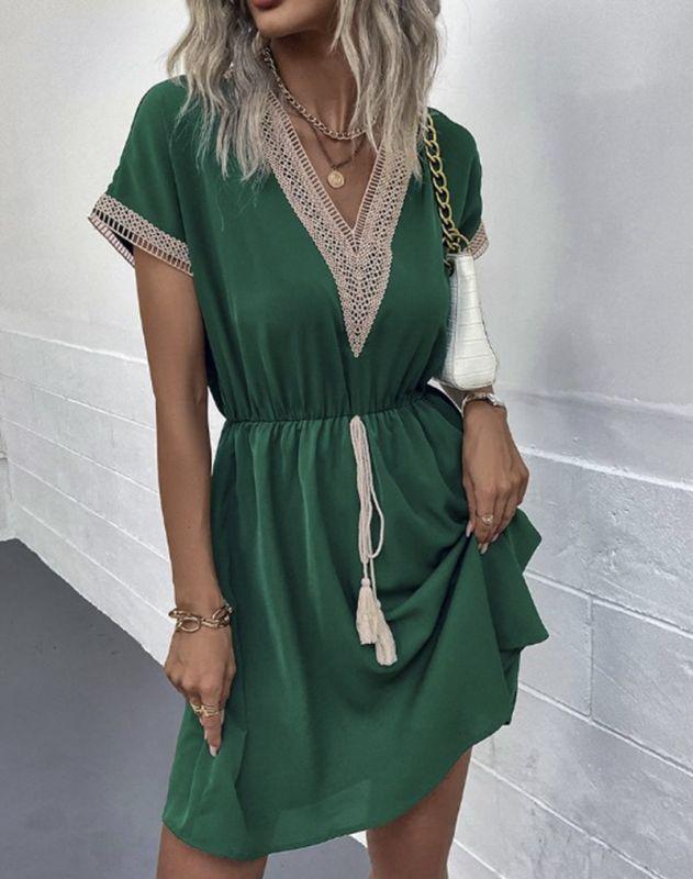 Women's Boho Dress - V-Neck Short Sleeve - Lace Trim - Adjustable Waist – Flowy Fit