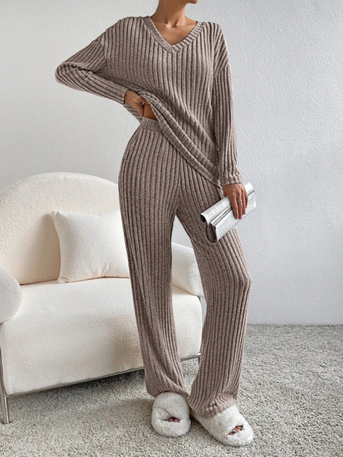 Women's comfortable rib v neck 2 piece set