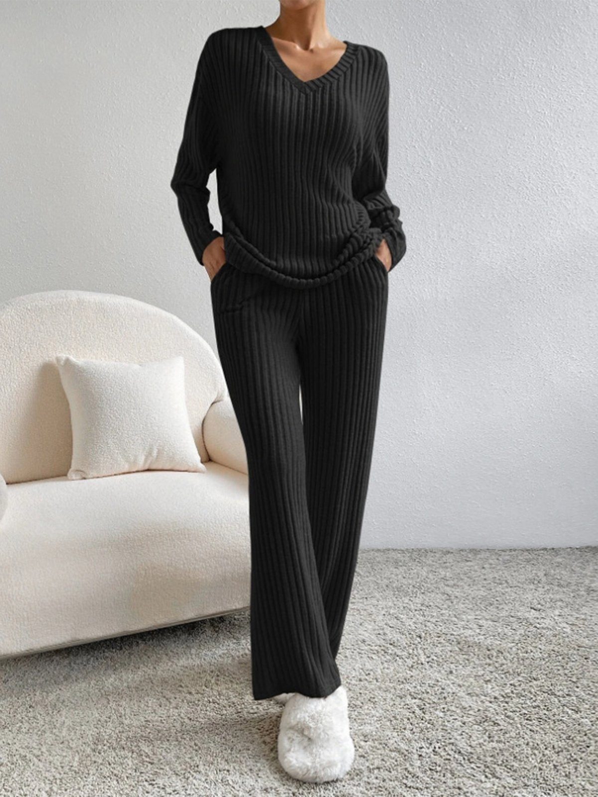 Women's comfortable rib v neck 2 piece set