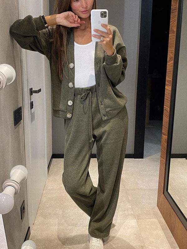 Women's casual button-down cardigan with elastic waist drawstring sweatpants set