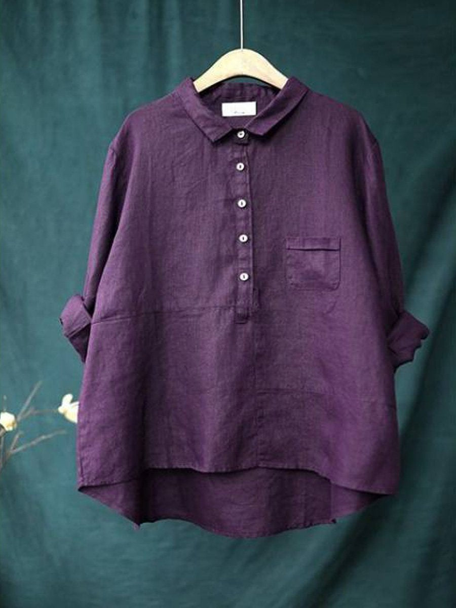 Women's Linen Blouse - Relaxed Fit - Long Sleeve Button-Up with Collar