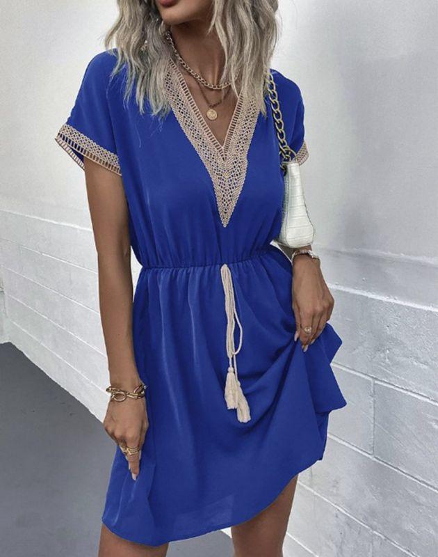 Women's Boho Dress - V-Neck Short Sleeve - Lace Trim - Adjustable Waist – Flowy Fit