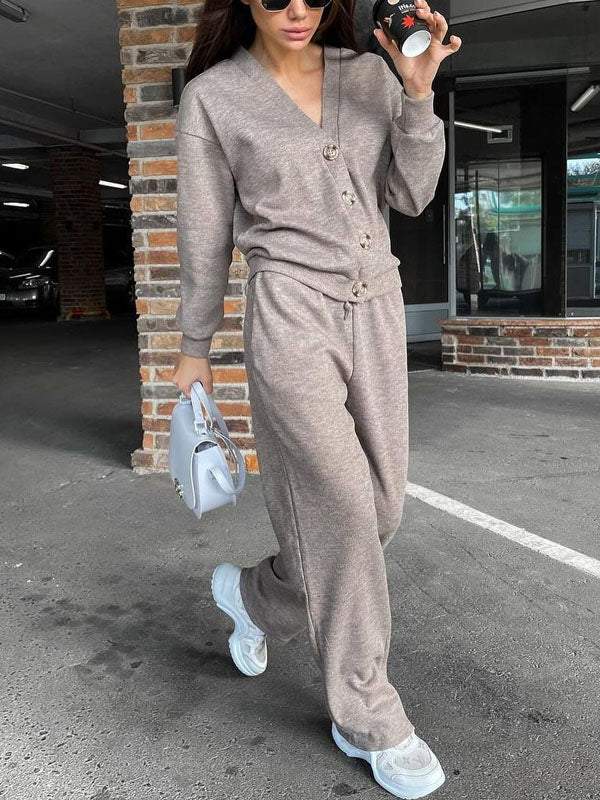 Women's casual button-down cardigan with elastic waist drawstring sweatpants set
