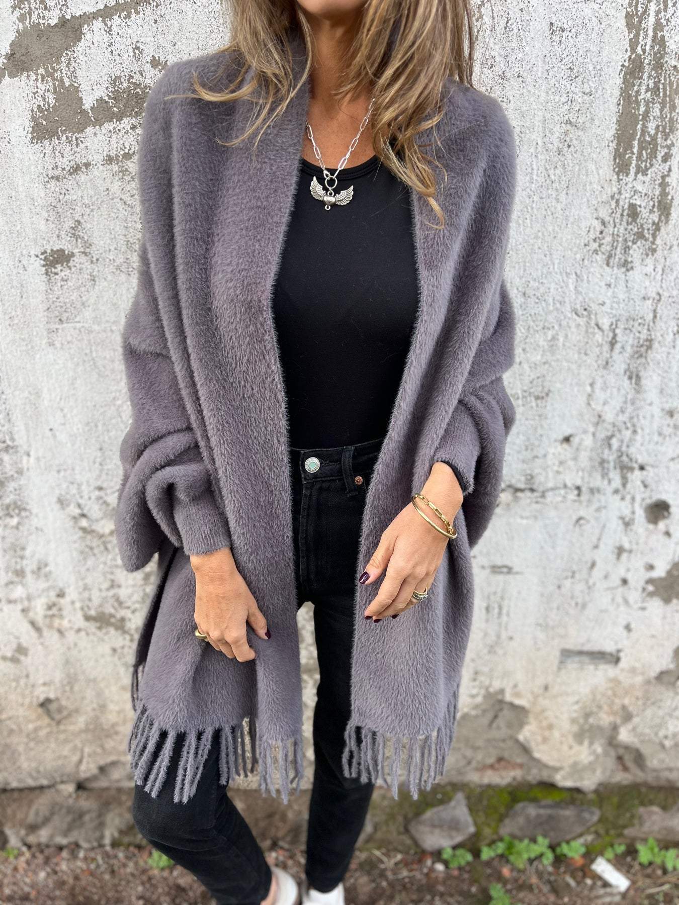 Women's cozy luxe knit fringe shawl cardigan