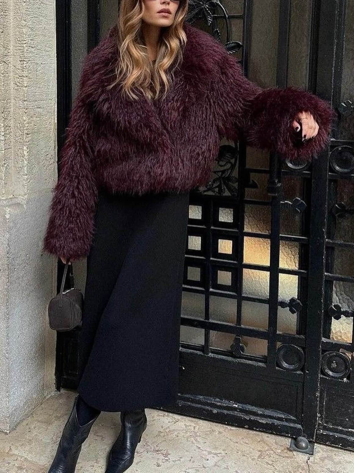 Elegant faux fur cropped coat with plush texture