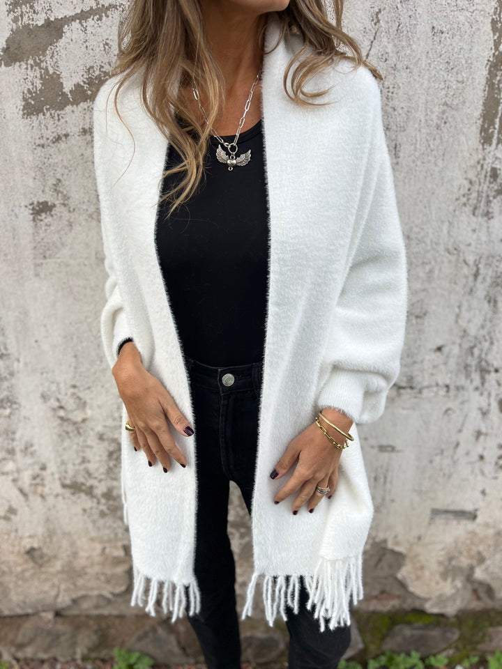 Women's cozy luxe knit fringe shawl cardigan