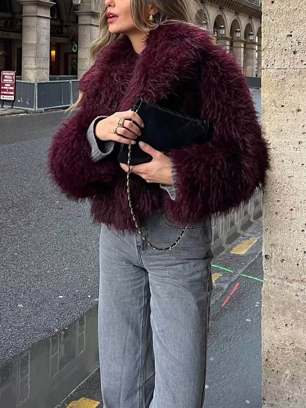 Elegant faux fur cropped coat with plush texture