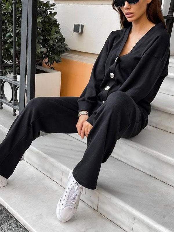Women's casual button-down cardigan with elastic waist drawstring sweatpants set