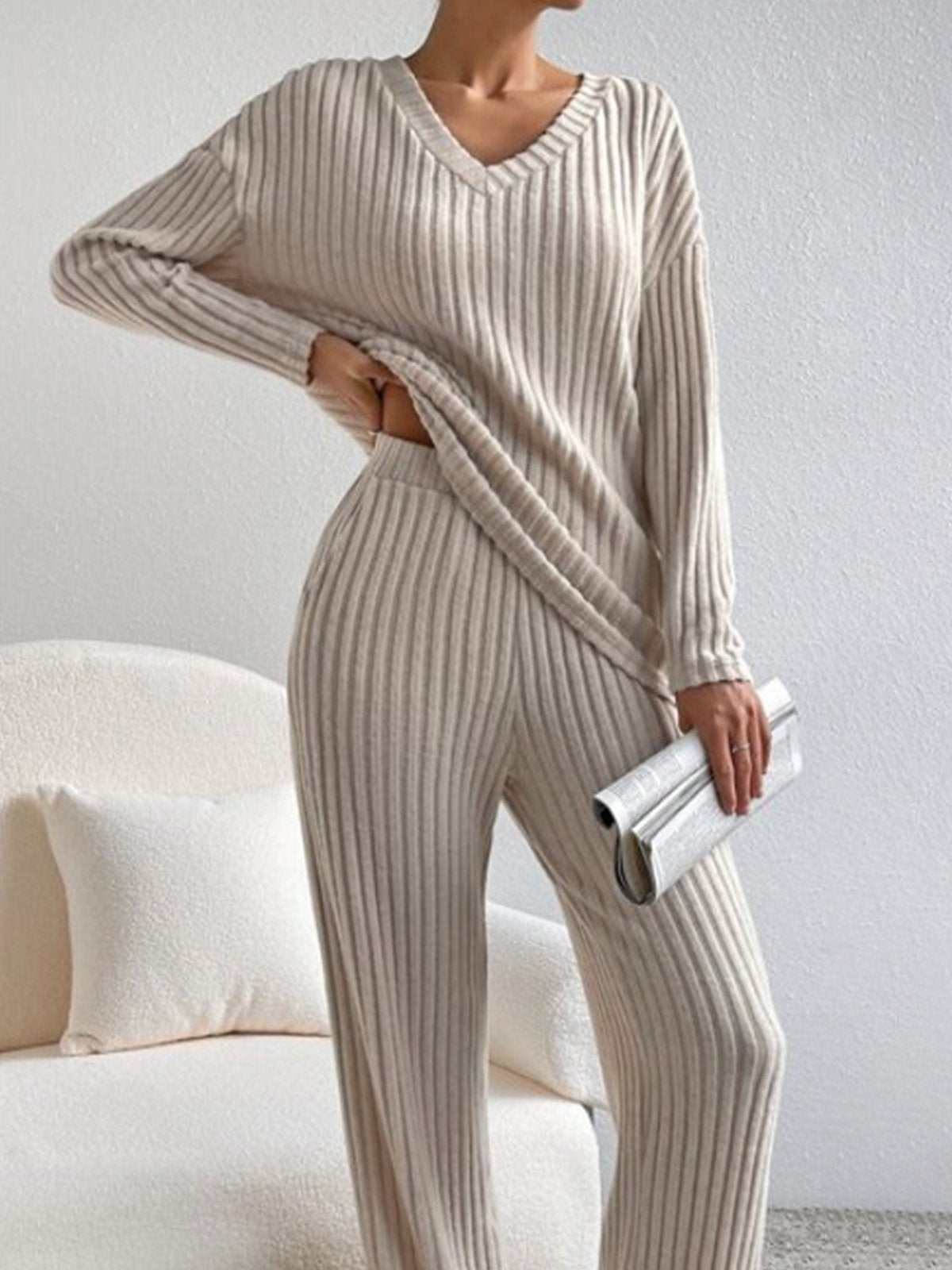 Women's comfortable rib v neck 2 piece set