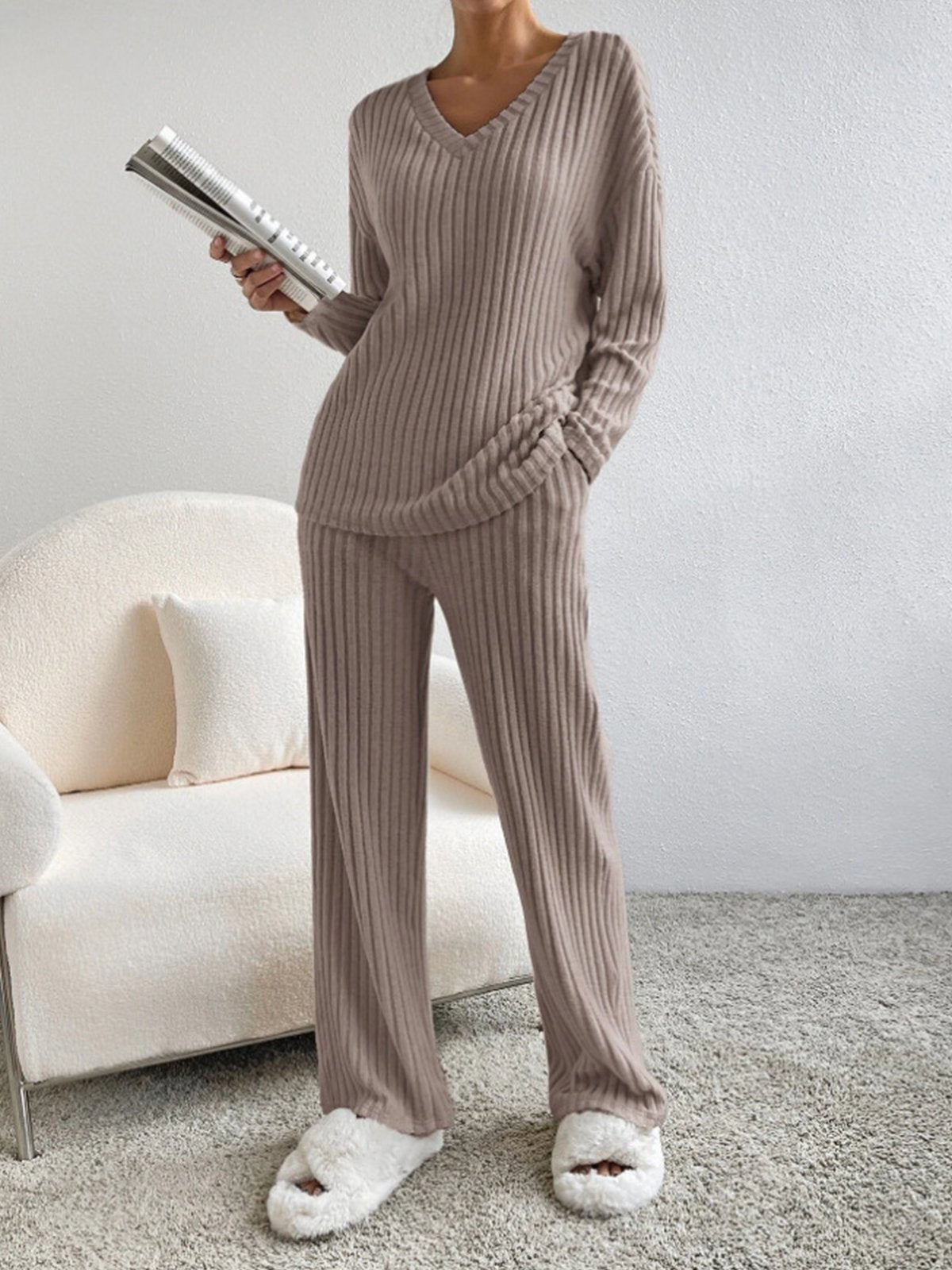 Women's comfortable rib v neck 2 piece set