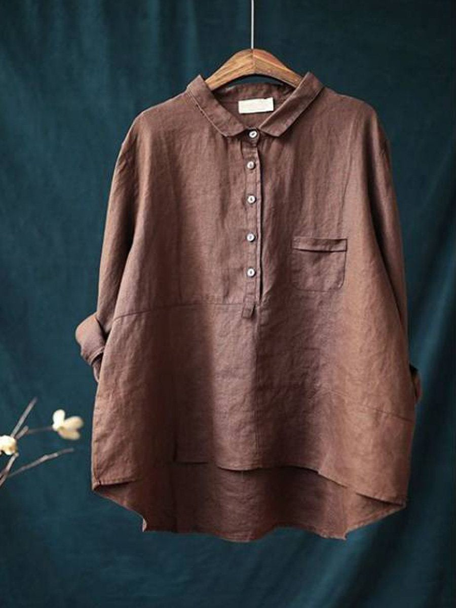 Women's Linen Blouse - Relaxed Fit - Long Sleeve Button-Up with Collar