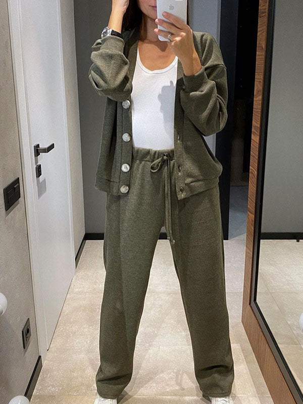 Women's casual button-down cardigan with elastic waist drawstring sweatpants set