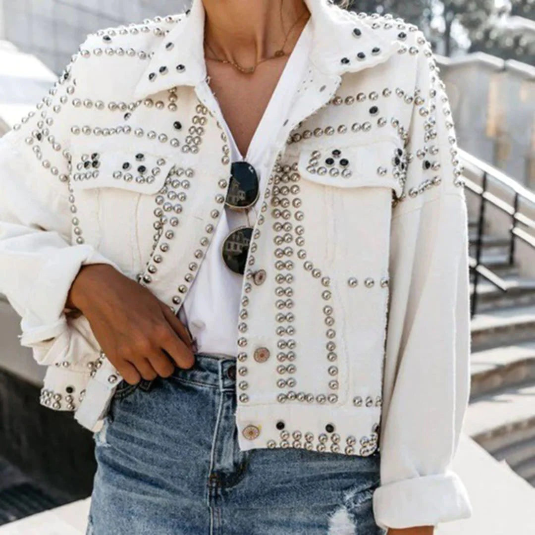 Women's locomotive jacket with rivets and button closure