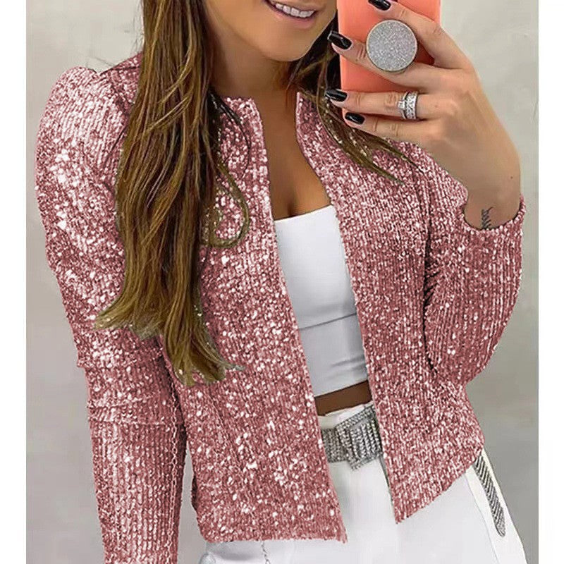 Women's Sequin Jacket - Fitted Silhouette - Collarless Design - Long Sleeve Party Wear