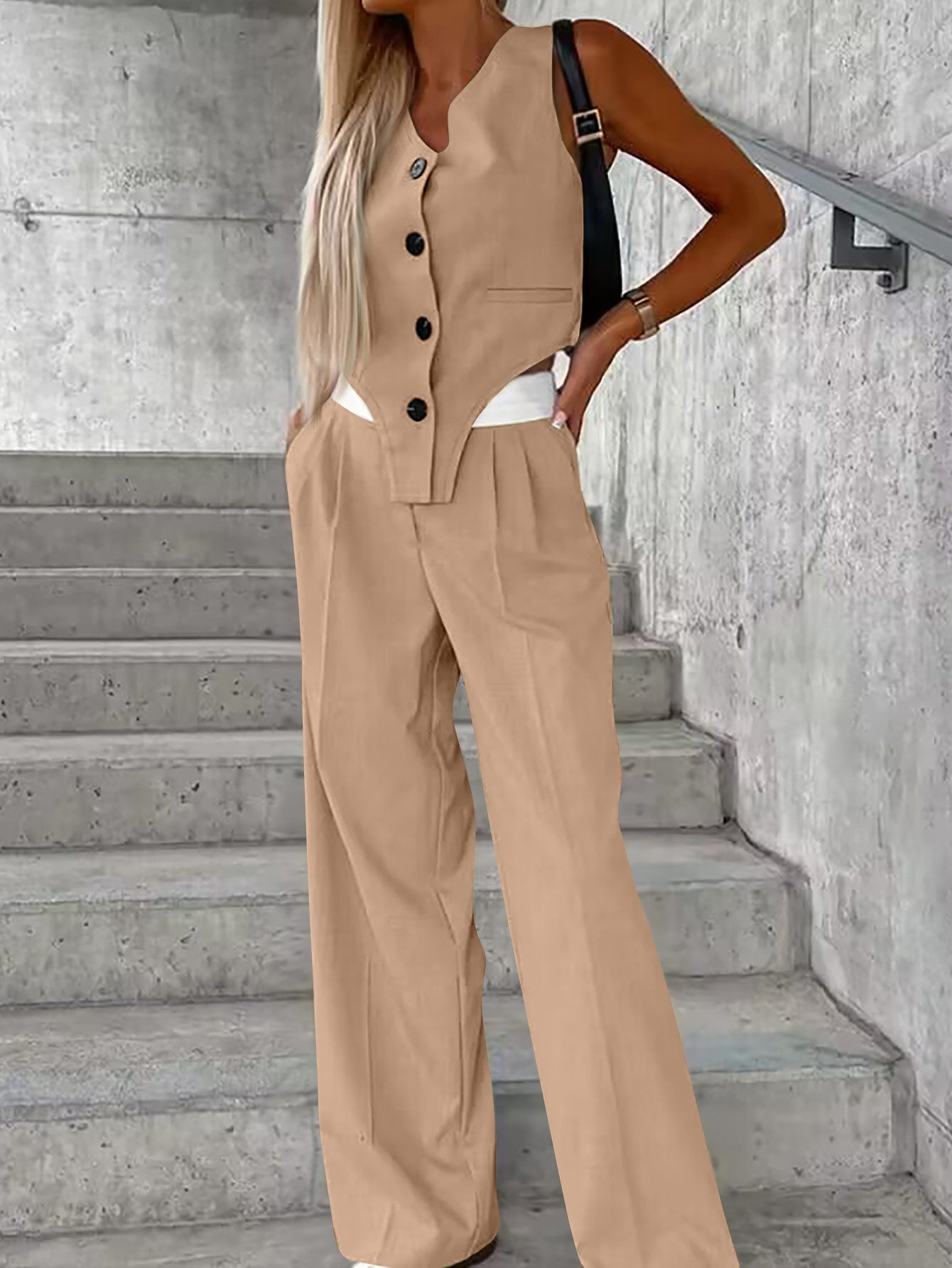 Two-piece wide-leg pants set with sleeveless button-up vest for women