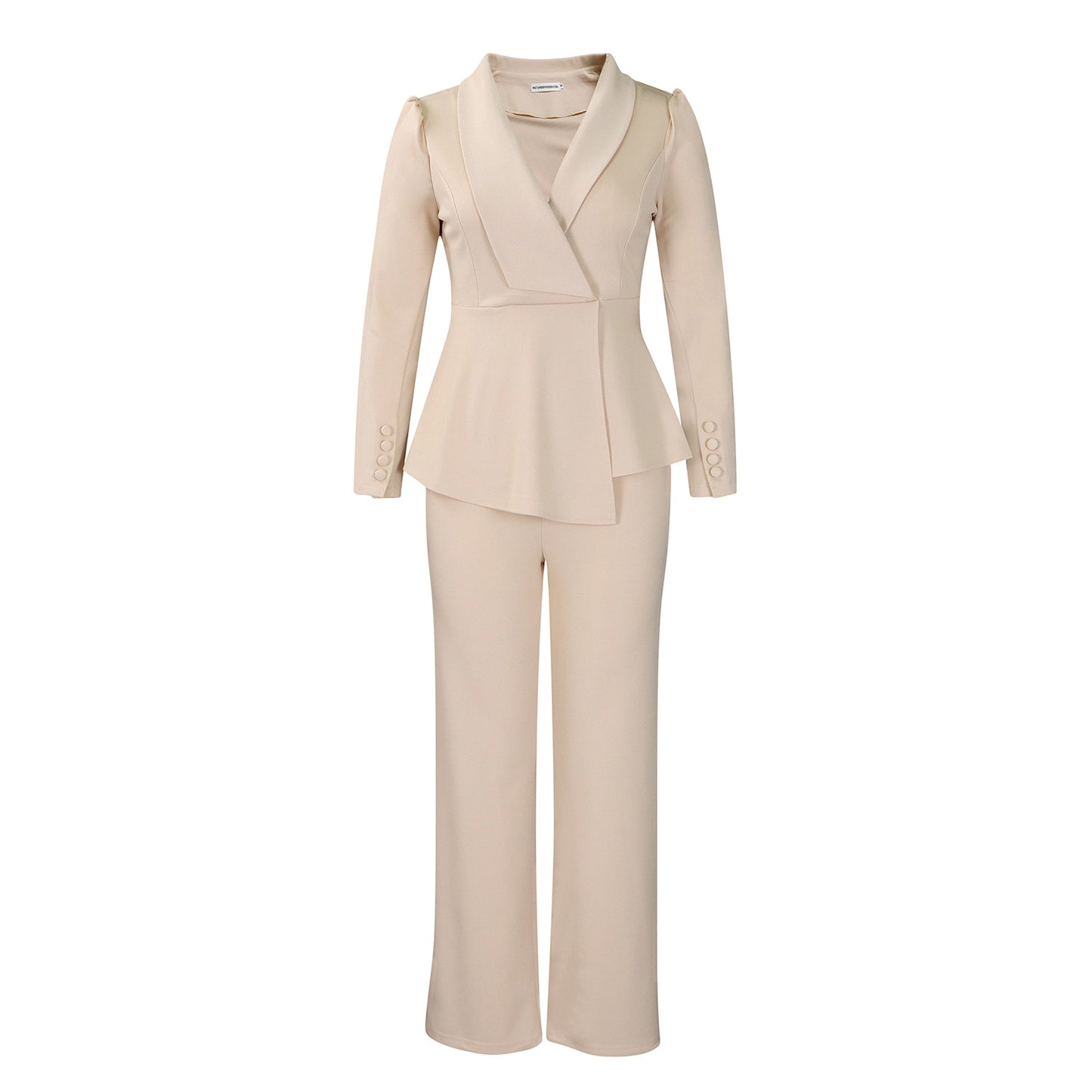 Women’s Pantsuit Set – Peplum Blazer with Shawl Collar – Wide-Leg High-Waist Trousers