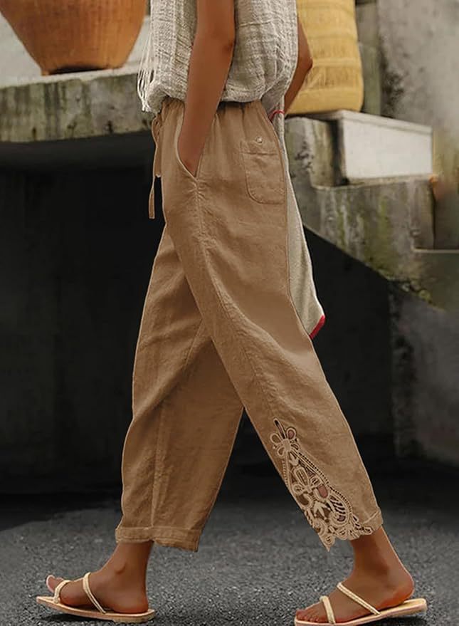 Women's Casual Pants - Comfortable Fiber Blend - Elastic Waist - Ankle Length - Lace-Up Detail