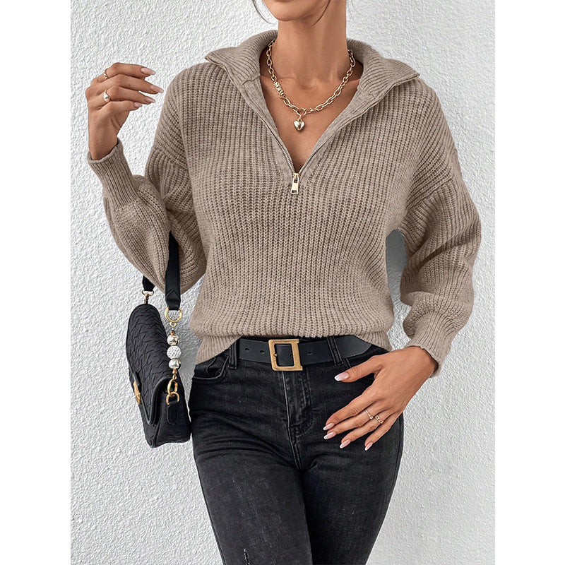 Miles - Zip-up knit pullover sweater with a high collar for women
