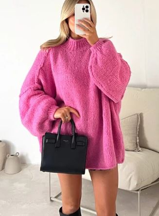 Women's oversized high neck knit sweater with lantern sleeves