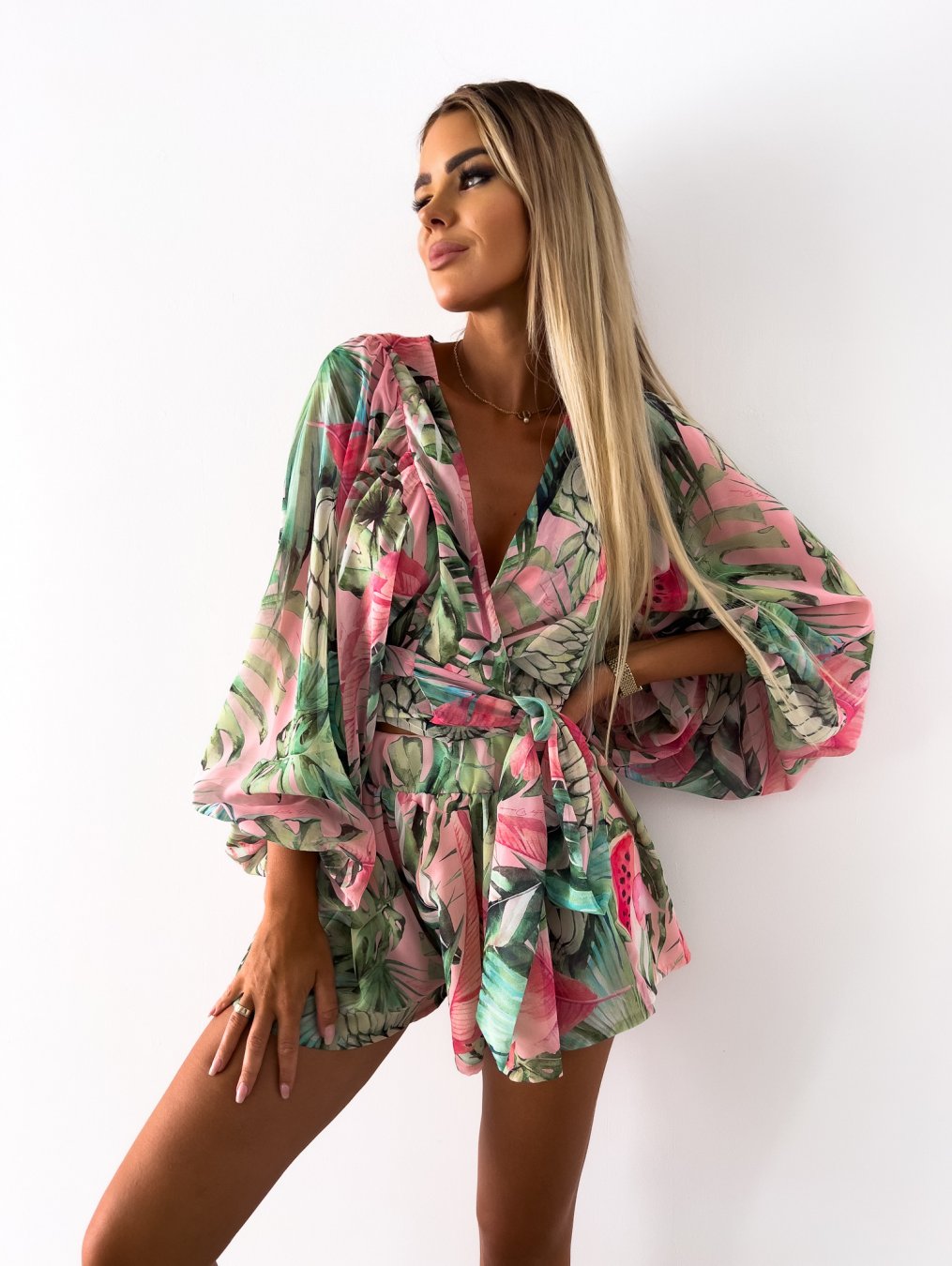 Women's Romper - Wrap V-Neck - Long Wide Sleeves - Lightweight Flowy Casual Wear
