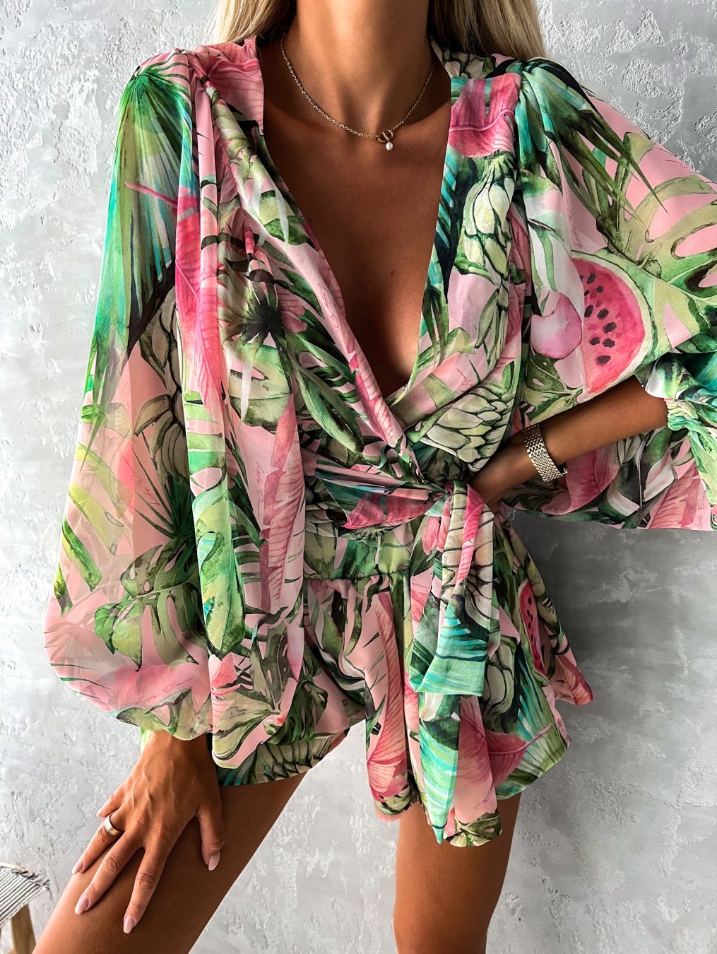 Women's Romper - Wrap V-Neck - Long Wide Sleeves - Lightweight Flowy Casual Wear