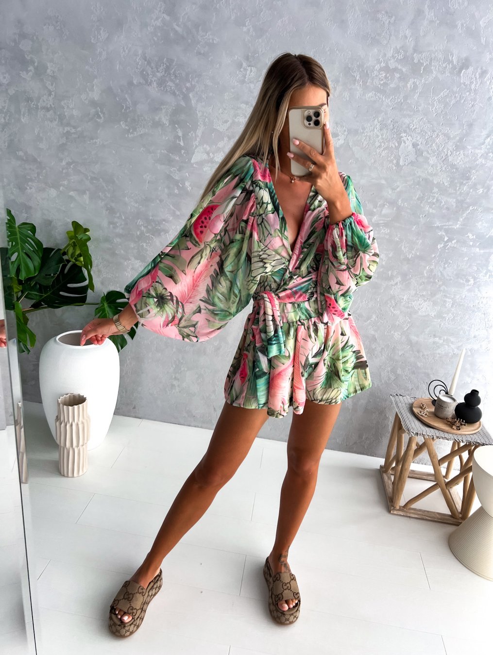Women's Romper - Wrap V-Neck - Long Wide Sleeves - Lightweight Flowy Casual Wear