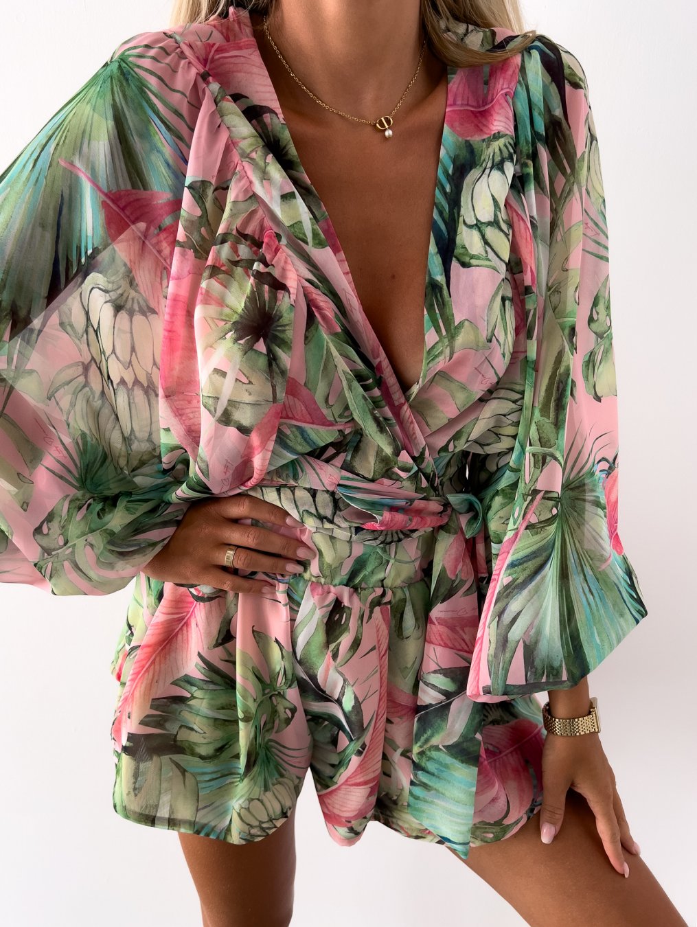 Women's Romper - Wrap V-Neck - Long Wide Sleeves - Lightweight Flowy Casual Wear