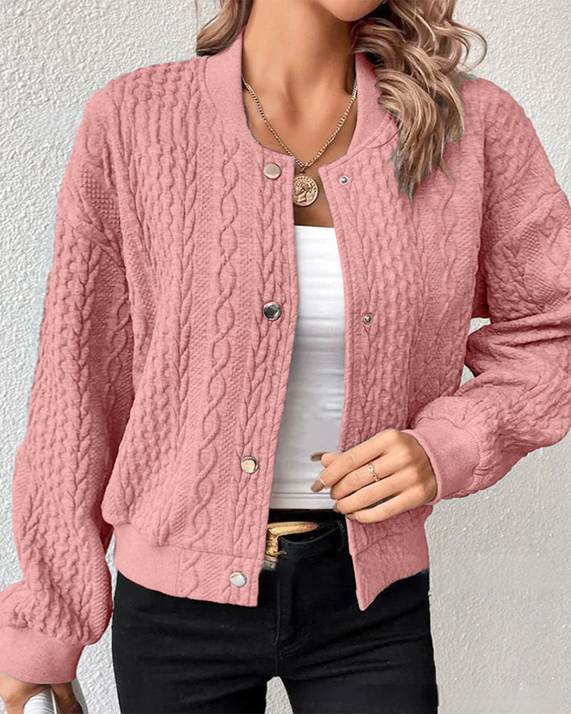 Women's Bomber Jacket - Cable Knit - Snap Button Front - Ribbed Collar & Cuffs