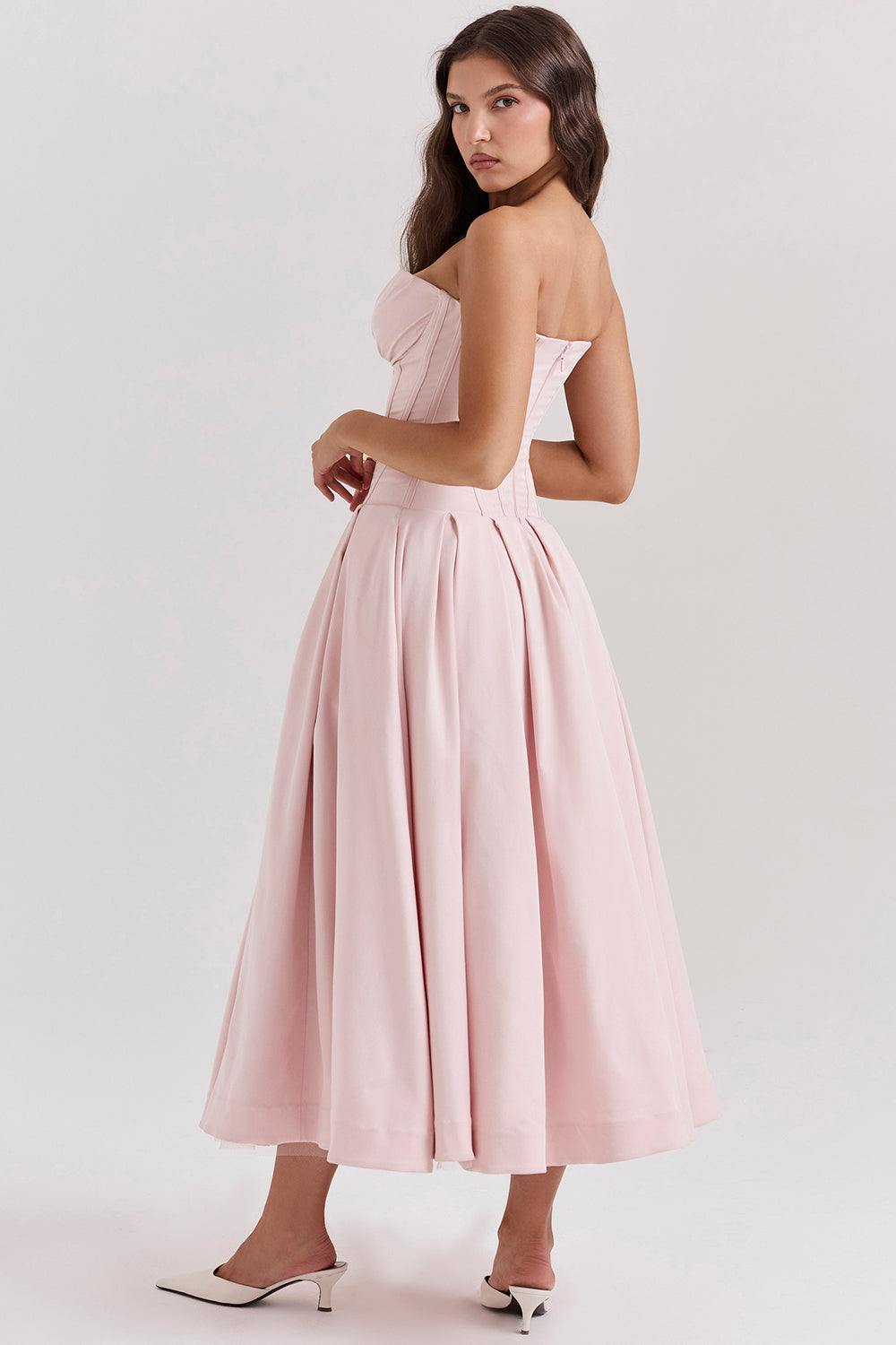 Women’s Strapless Midi Dress – Structured Bodice – A-Line Silhouette – Formal Fit