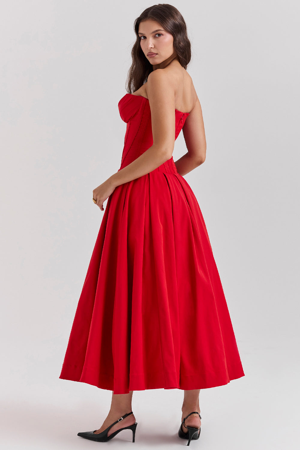Women’s Strapless Midi Dress – Structured Bodice – A-Line Silhouette – Formal Fit