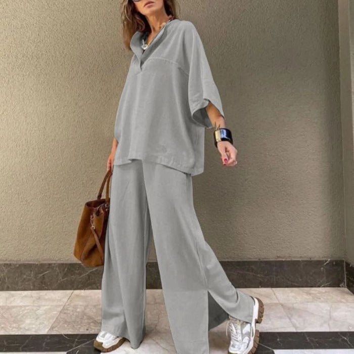 Women's lapel shirt with slit hem long pants set