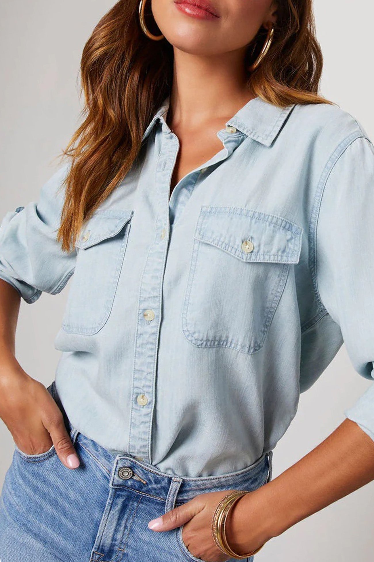Women's Denim Shirt - Button-Up - Long Sleeve - Classic Collar - Casual Fit