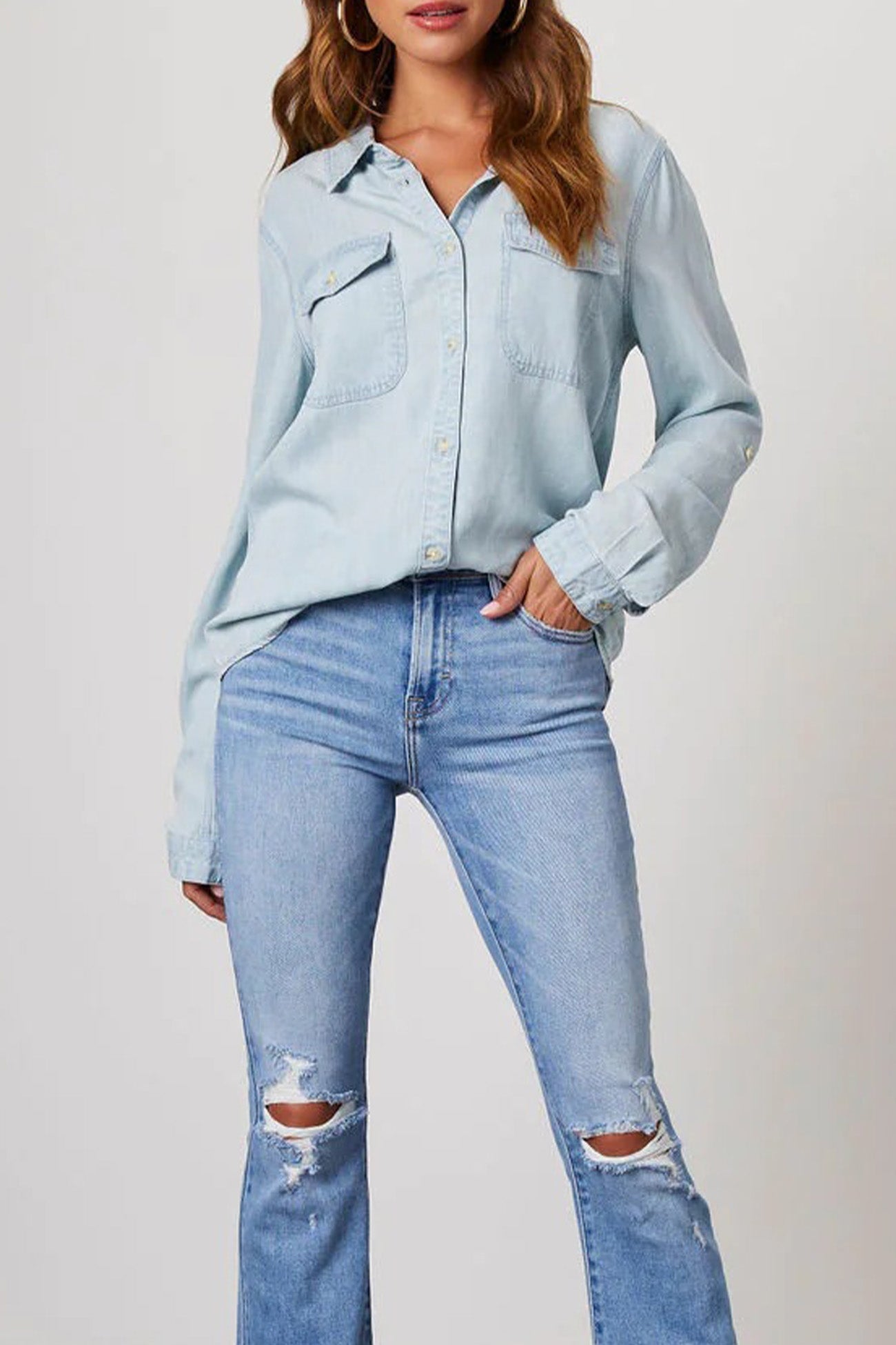 Women's Denim Shirt - Button-Up - Long Sleeve - Classic Collar - Casual Fit