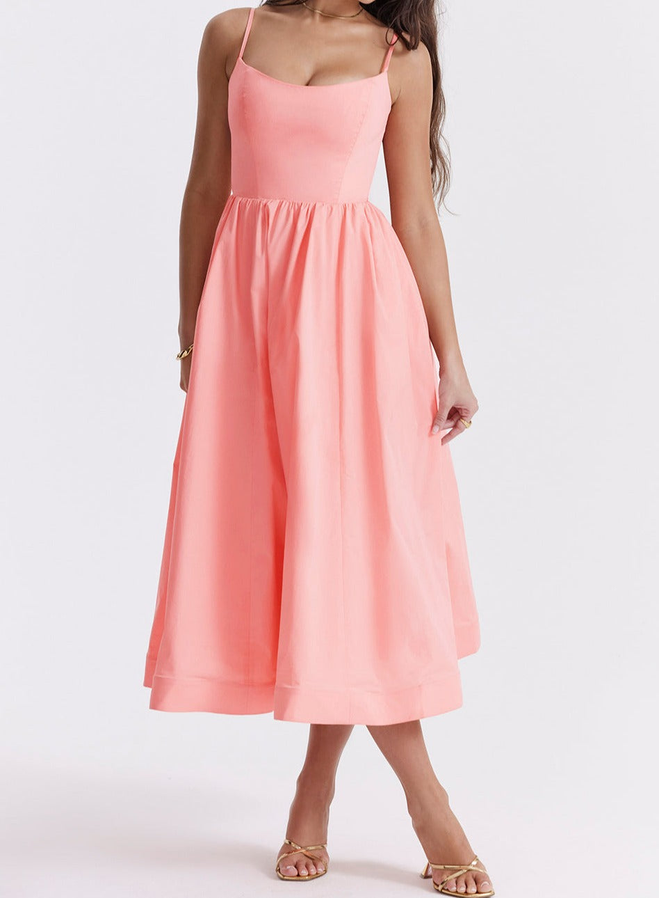 Women's Midi Dress - Spaghetti Straps - Square Neckline - A-Line Flowy Elegant Fit